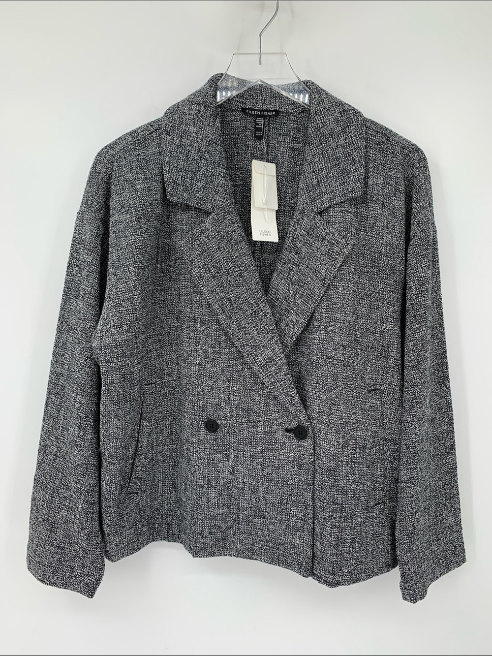 Eileen Fisher tweed double breasted boxy blazer jacket black white new Large